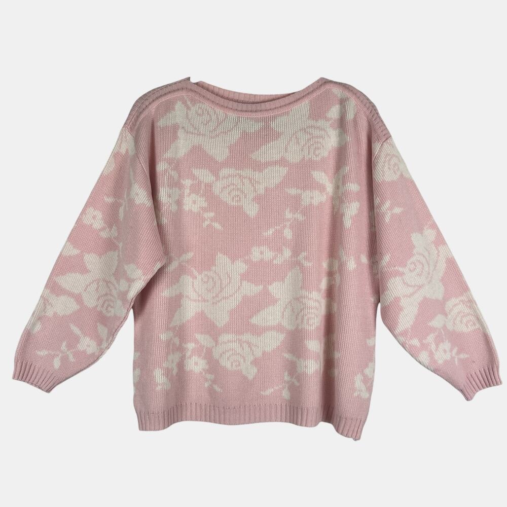 Vintage Pink Rose Sweater Womens M/L Floral Knit Soft‎ Coquette Cottagecore